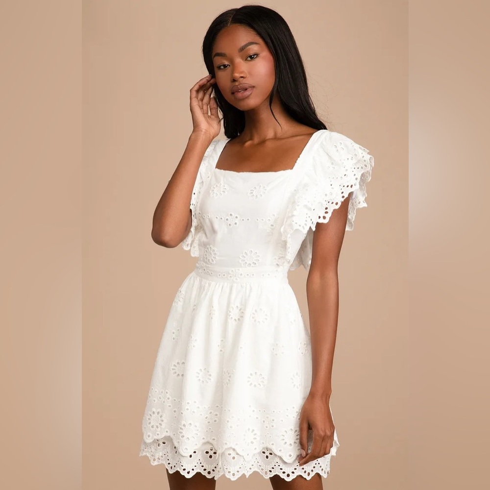 Lulus Absolutely Beautiful White Eyelet Lace Ruffled Skater Mini Dress